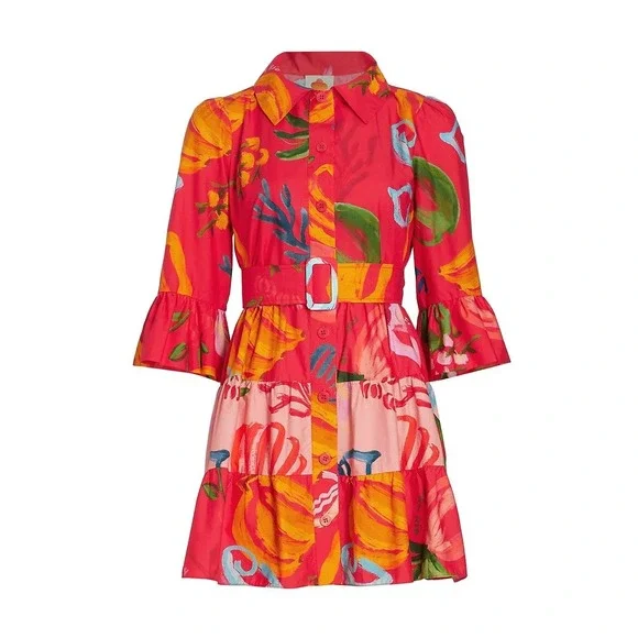 Farm Rio Tropical Fruit Printed Mini Shirt Dress Small Multicolor Belted Resort - Picture 13 of 13